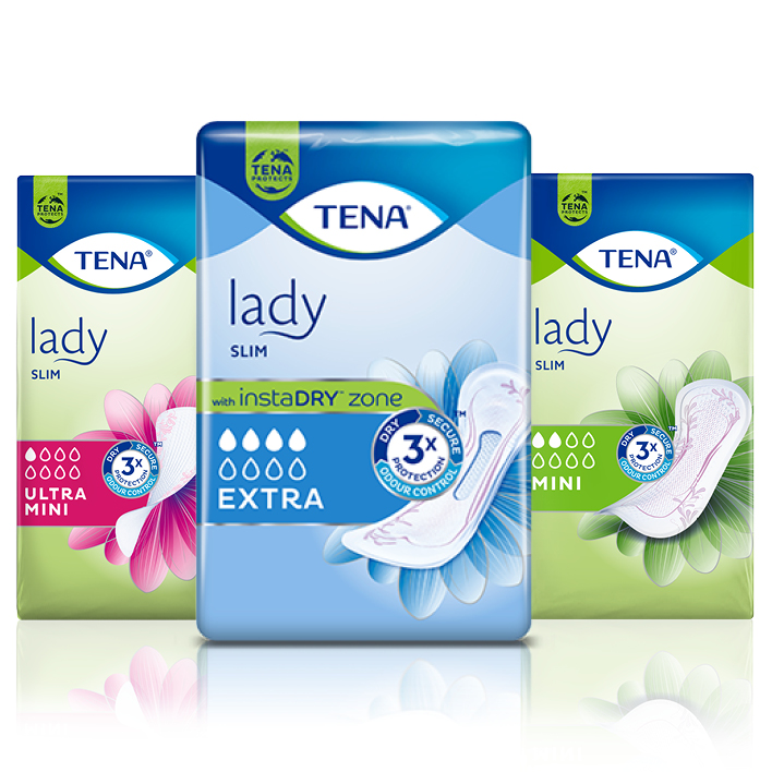 Balení produktů TENA Lady Slim Mini, Mini plus a Normal Balení produktů TENA Lady Slim Mini, Mini plus a Normal